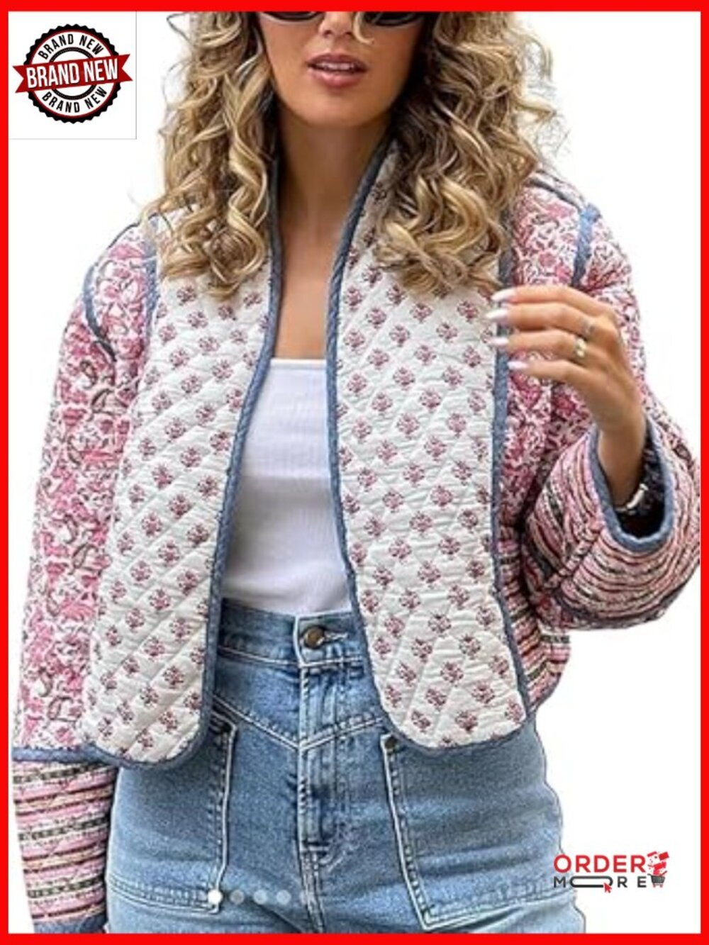 Cropped Floral Puffer Jacket Cardigan Lightweight Open Front Padded Quilted Coat